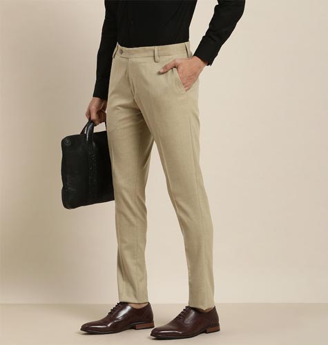 Men Beige Solid Regular Fit Formal Trousers